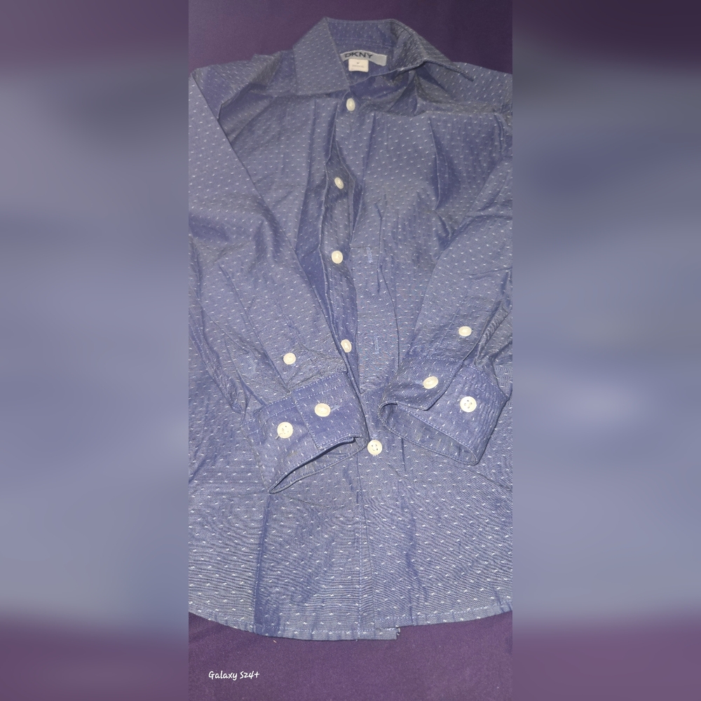 Boys DKNY Blue Button-Up Shirt with White Dots